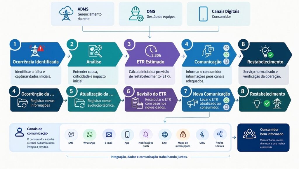 Infográfico do fluxo do ETR (Tempo Estimado de Restauração) em 8 etapas: Ocorrência Identificada, Análise, ETR Estimado, Comunicação, Atualização da Ocorrência, Revisão do ETR, Nova Comunicação e Restabelecimento, integrado aos sistemas ADMS, OMS e Canais Digitais.